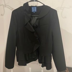 Black polyester/wool coat with ruffles. Worn once, in excellent condition.